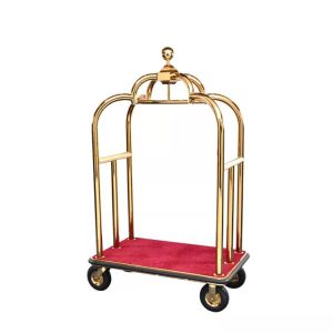 Hotel Stainless Steel Gold Chrome Finish Red Carpet Luggage Cart